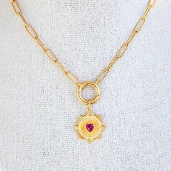Red Heart Charm Necklace Gold Chain Removable Star Charm Non-Tarnish Gold PRETTY - Picture 4 of 14